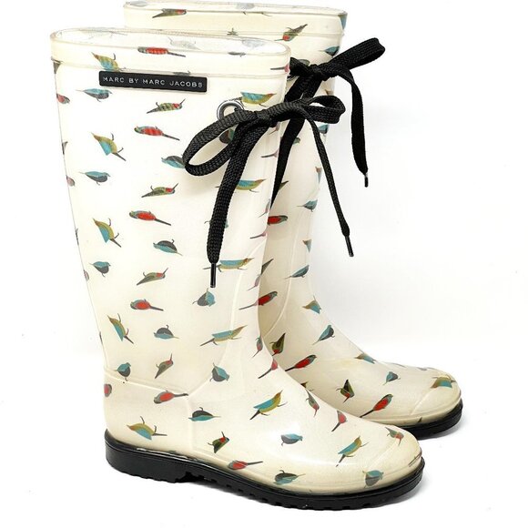 Marc Jacobs Rain Boots Tall Rubber White Multicolor Bird Print. Size 5.5 - Picture 16 of 16